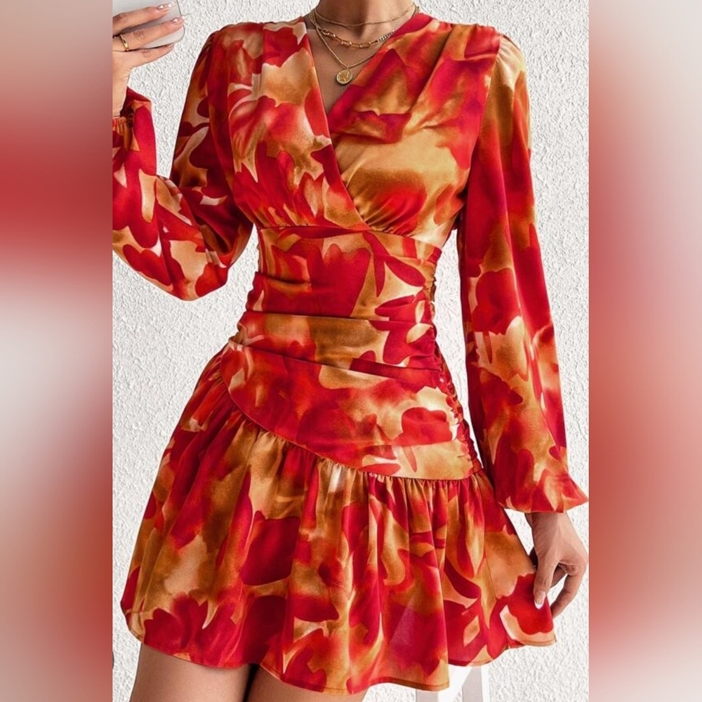 Shein Floral Faux Wrap Mini Dress in Red and Orange Colors L